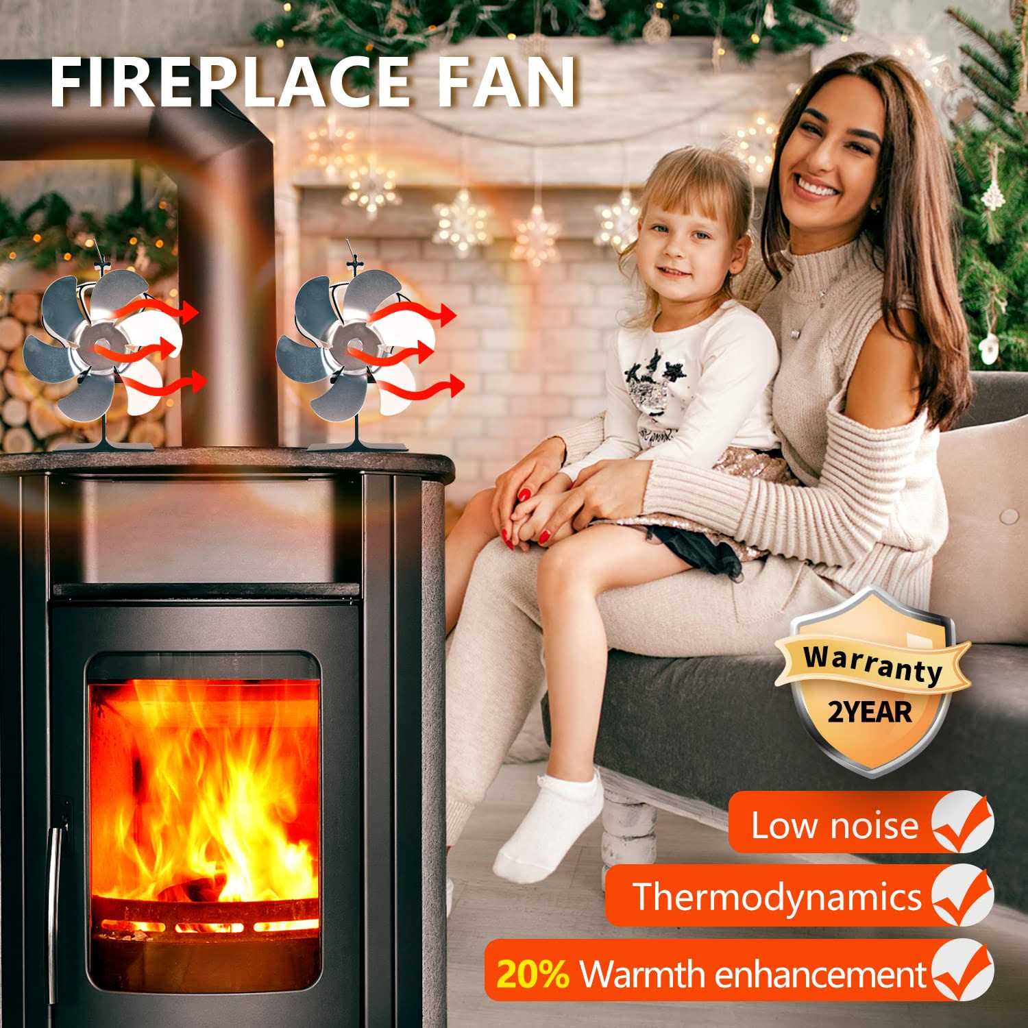 Holldoor 6 Blade Wood Stove Fan Heat Powered Non Electric Fireplace Fan with Stove Top Thermal Fan Thermometer for Wood Burning Stove/Fireplace - Image 3